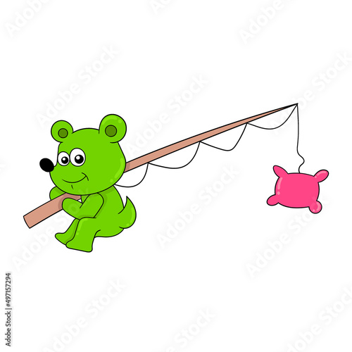 bear cub carrying a fishing rod, doodle icon image kawaii