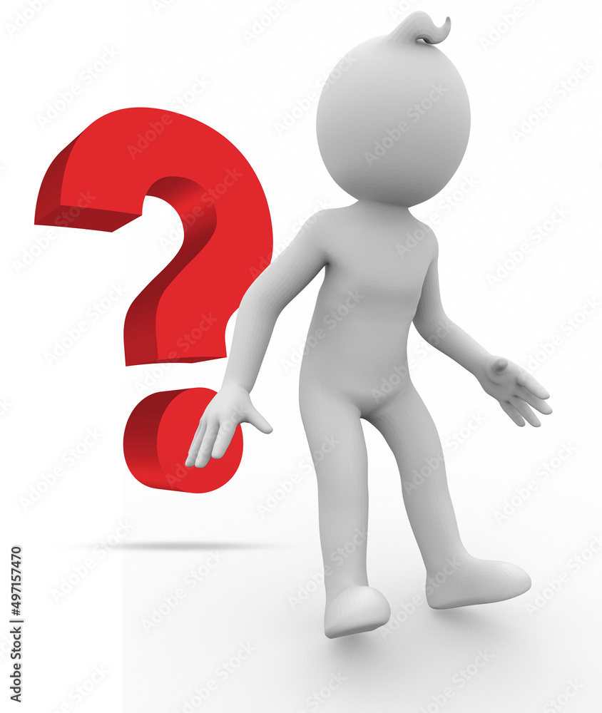 3D illustration of white character standing surprised in front of a question mark 3D illustration of white character standing surprised in front of a question mark