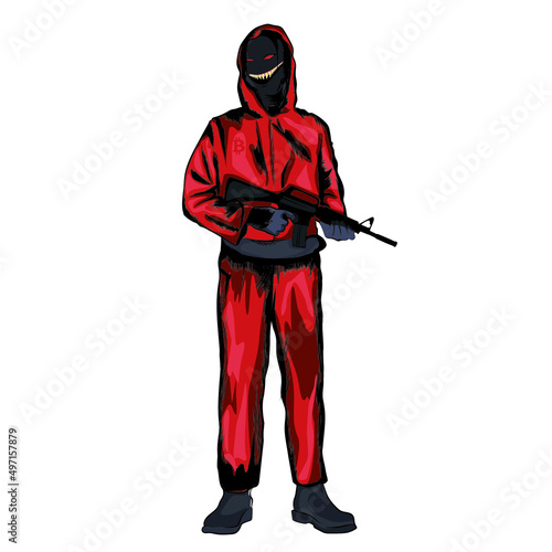 Mutant man dressed in red, character with rifle. Vector anime.