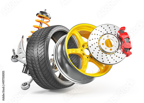 Wheel structure. Car wheel with brake isolated on a white background. 3d illustration photo