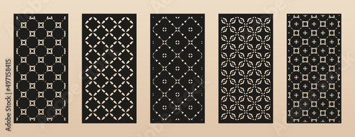 Laser cut patterns. Vector set with floral geometric ornament, abstract grid, mesh. Arabian, Oriental style design. Template for cnc cutting, decorative panels of wood, metal, paper. Aspect ratio 1:2