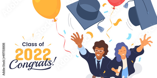 Class of 2022. Congratulation graduates. Two happy college graduates throwing academic caps vector illustration. Concept for banner, poster, party and event invitation. Vector illustration.