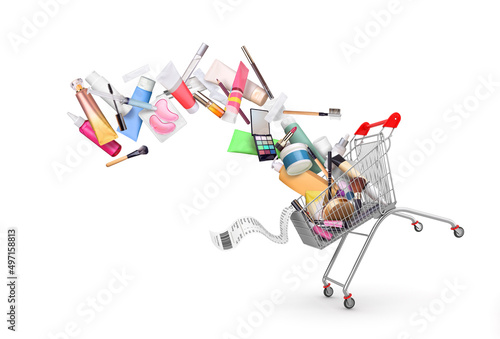 cosmetical tools and make up falling from shopping trolley with receipt isolated photo