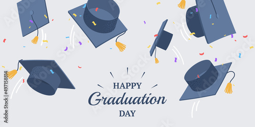 Graduation caps flying up. Happy graduation day banner design. Background with academic hats and falling colorful confetti. Concept for banner, poster, party and event invitation. Vector illustration. photo