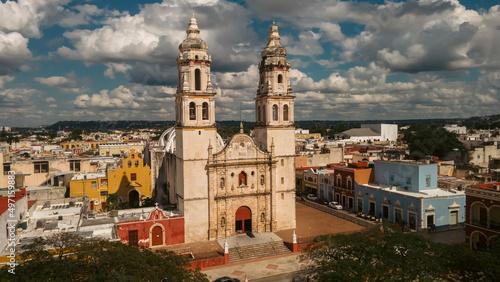 San Francisco de Campeche Cathedral by Independence Plaza in Campeche  Mexico. Aerial View