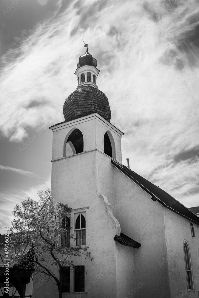 Black and White Church with Bell Tower