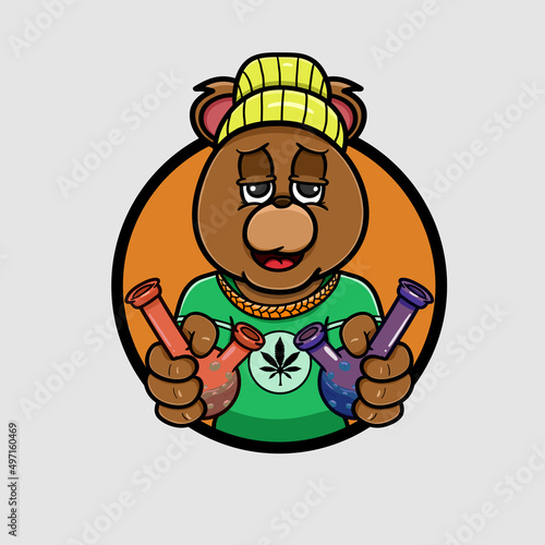 Vector Illustration Mascot cartoon character of Cool Bear Logo Cartoon With Bong Marijuana. Bong Smoke Theme. Suitable for Brand, Label, Logo, Sticker, t-shirt Design and other Product.