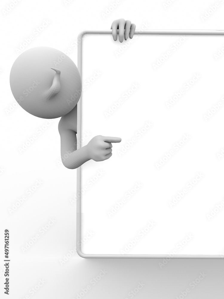 3D Illustration of white character with a billboard, presentation or information 3D Illustration of white character with a billboard, presentation or information