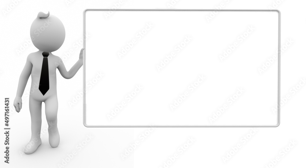 3D Illustration of white character with a billboard, presentation or information 3D Illustration of white character with a billboard, presentation or information