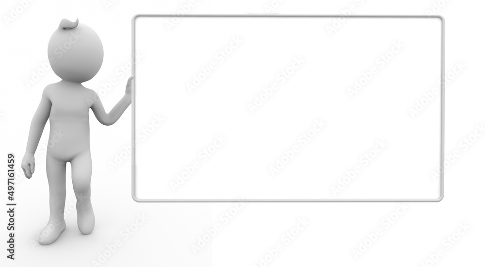 3D Illustration of white character with a billboard, presentation or information 3D Illustration of white character with a billboard, presentation or information
