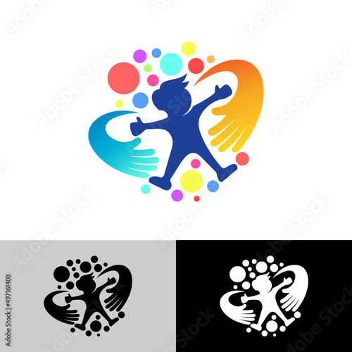 Children care logo with colorful design, colorful icons