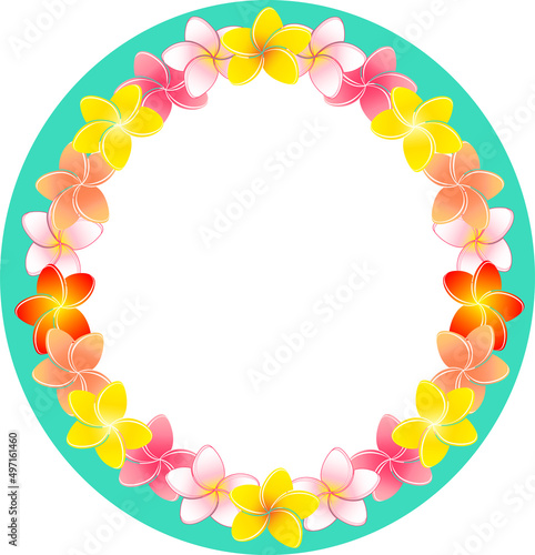 Clip art of circular plumeria flower ornament and marine blue background