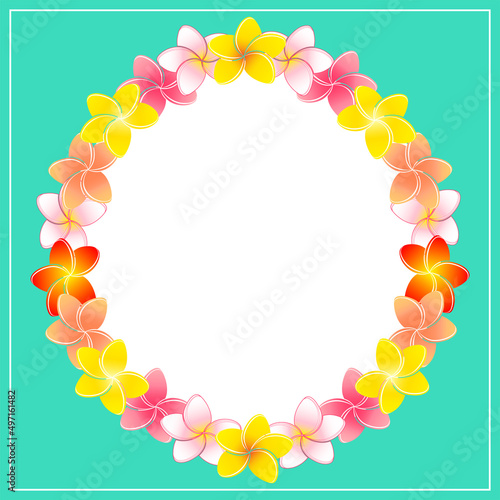 円形のプルメリアの花飾りとマリンブルーのスクエア背景のイラスト