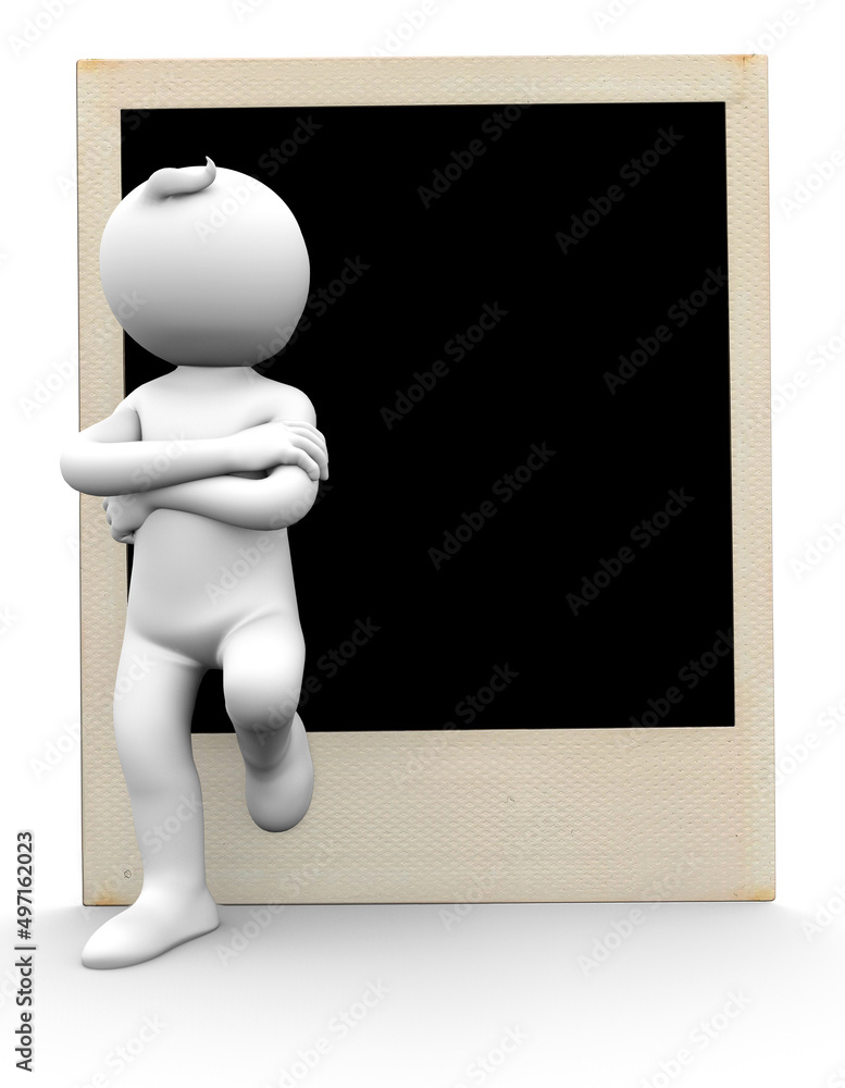 3D illustration of white 3d character with a polaroid photograph 3D illustration of white 3d character with a polaroid photograph