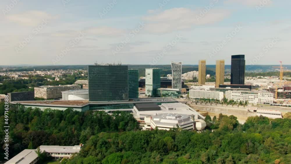 Aerial view of Luxembourg City Downtown Skyline. European Parliament administrative office in Capital of EU. Politics, Economy and Global Communications concept. 4K drone panoramic establishing shot Aerial view of Luxembourg City Downtown Skyline. European Parliament administrative office in Capital of EU. Politics, Economy and Global Communications concept. 4K drone panoramic establishing shot