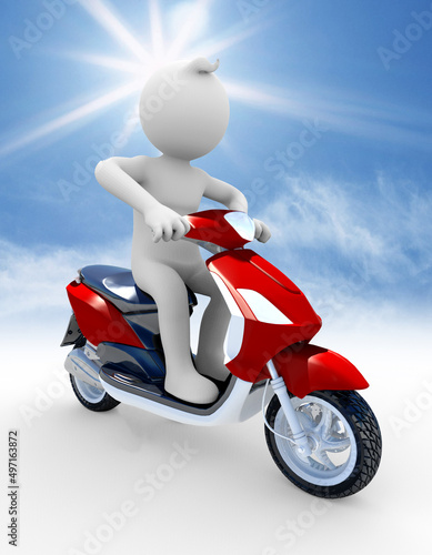 3D Illustration of white character sitting on a red scooter