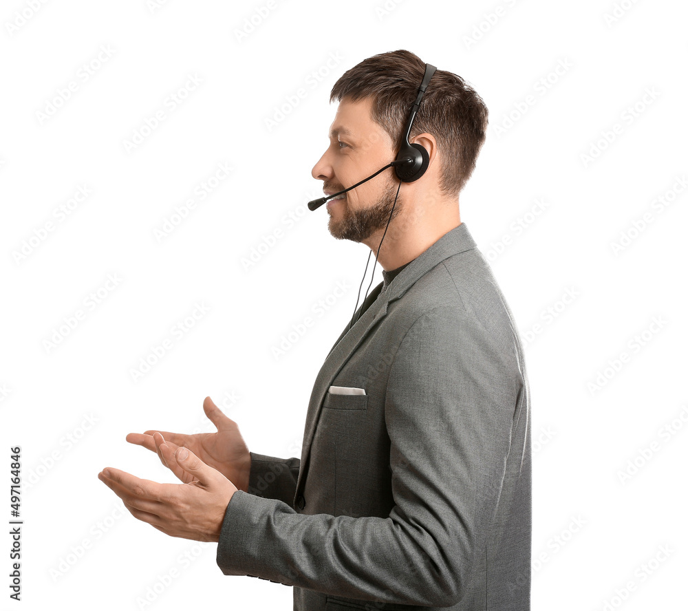 Consultant of call center in suit with headset on white background Consultant of call center in suit with headset on white background