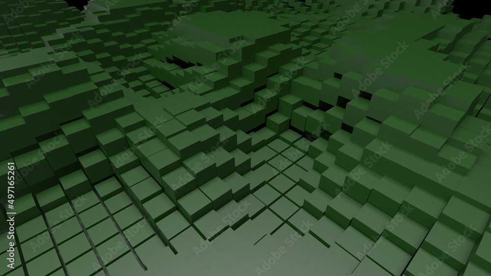 Obraz premium Abstract background with waves made of a lot of dark green cubes geometry primitive forms that goes up and down under black-white lighting. 3D illustration. 3D CG. High resolution.