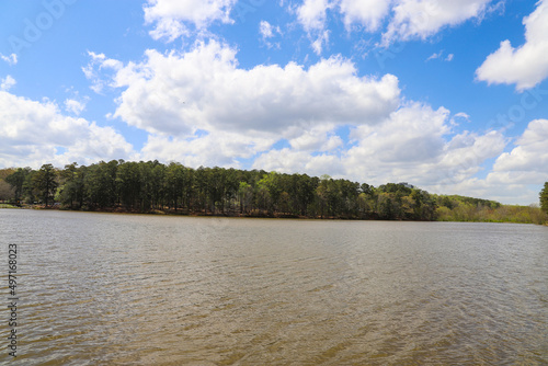 a stunning shot of a vast rippling waters of a lake surrounded by bare winter trees and lush green trees with powerful clouds and blue sky at Murphey Candler Park in Atlanta Georgia USA photo