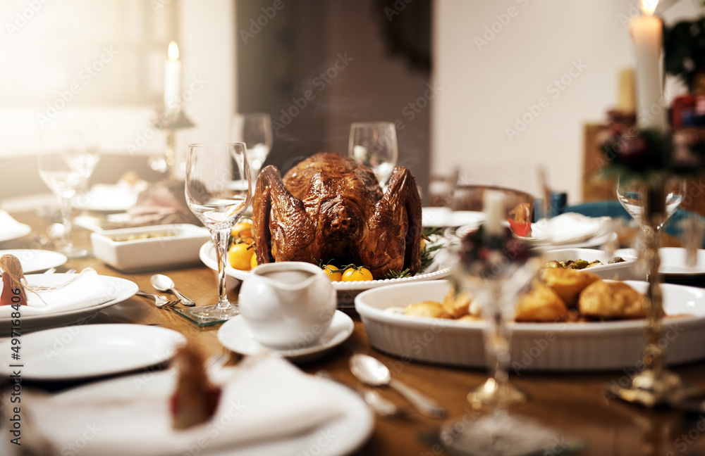 Lets get grubbing. Shot of a feast on a table at Christmas.