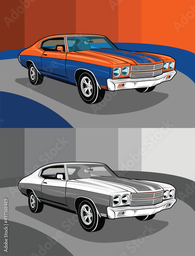 Vintage American Classic Muscle Cars Orange and Blue