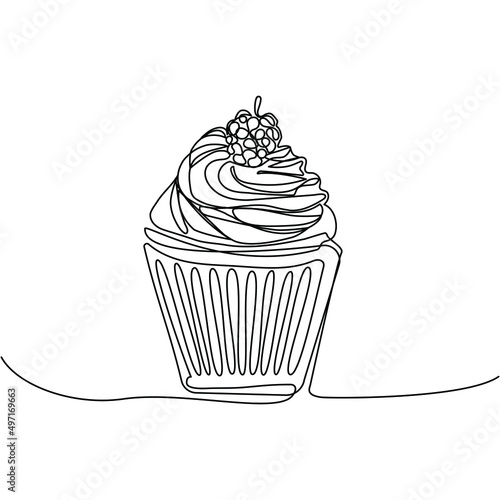 Continuous one line drawing of cupcake. Editable stroke. Concept for cafe, bakery, restaurant. Modern style vector illustration.