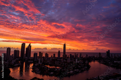 Fiery red skies at sunrise, aerial view over Gold Coast