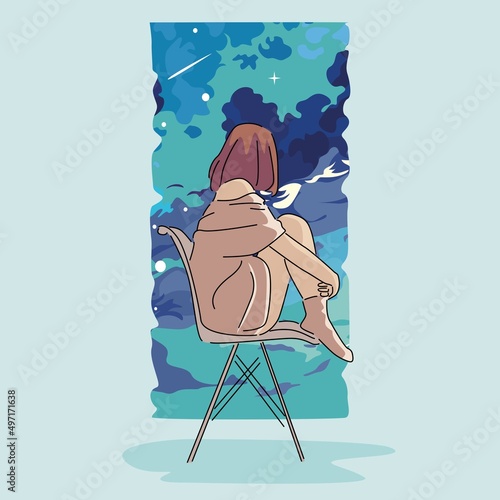 vector illustration of girl sitting and looking at the sky from the window