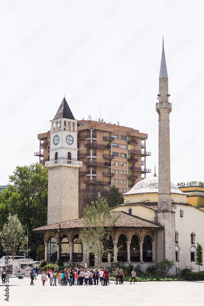 Tower and Mosque in historical center of Tirana, Albania