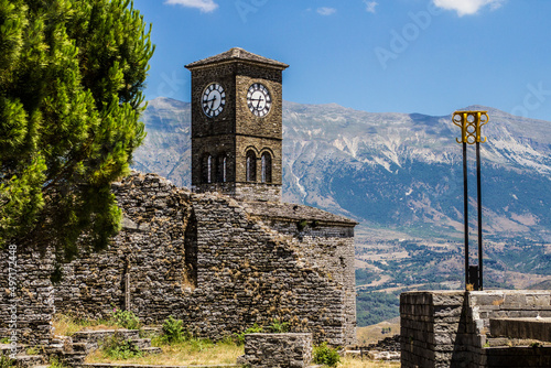 Clock tower in Gjirokaster castle, ottoman architecture in Albania, Unesco World Heritage Site, Gjirocaster ancient town, Albania photo