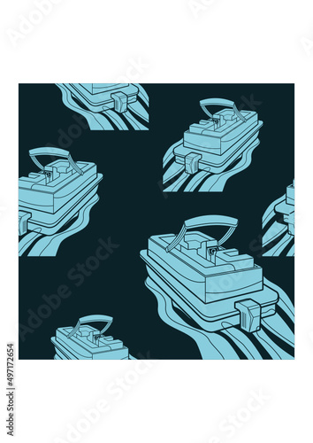 Editable Flat Monochrome Top Oblique Back View Dark Background American Pontoon Boat Vector Illustration Seamless Pattern for Creating Background of Transportation or Recreation Related Design