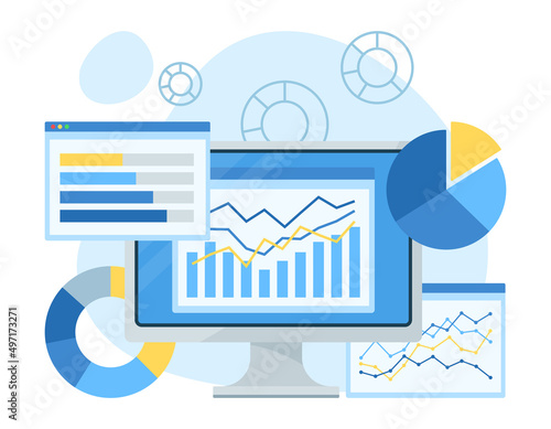 データ管理,分析のコンセプトイラスト. デスクトップモニターにデータのグラフ. フラットデザイン.