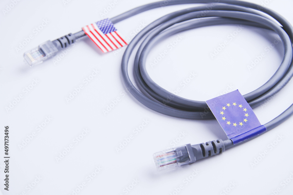 Internet cable with the flag of America and the European Union. Internet cable with the flag of America and the European Union.