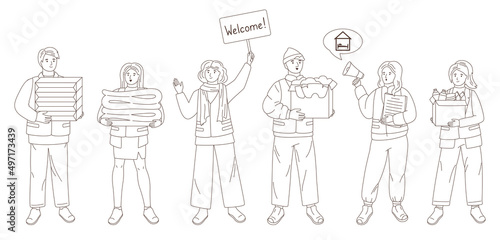Volunteers with donations volunteering concept. Doodle charity people young students, altruistic activity character. Helping poor refugees for Ukraine. Philanthropy, kindness outline cartoon vector