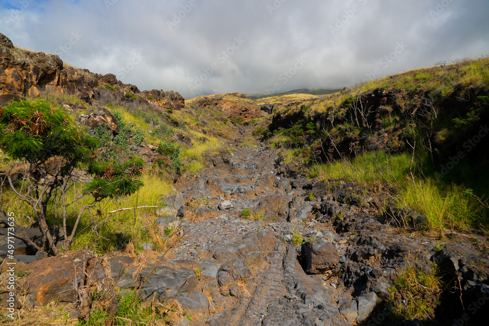 Naklejka premium Kamole Gulch along the Piilani Highway in the southeast of Maui island, Hawaii - Rocky dry river bed on the slopes of the Haleakala Volcano mountain