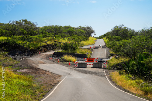 Curvy detour along the Piilani Highway in the southeast of Maui island, Hawaii - Blocked back road with signs to a short deviation in the United States photo