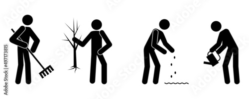 Icon man planting tree in cartoon style. Vector illustration. stock image.