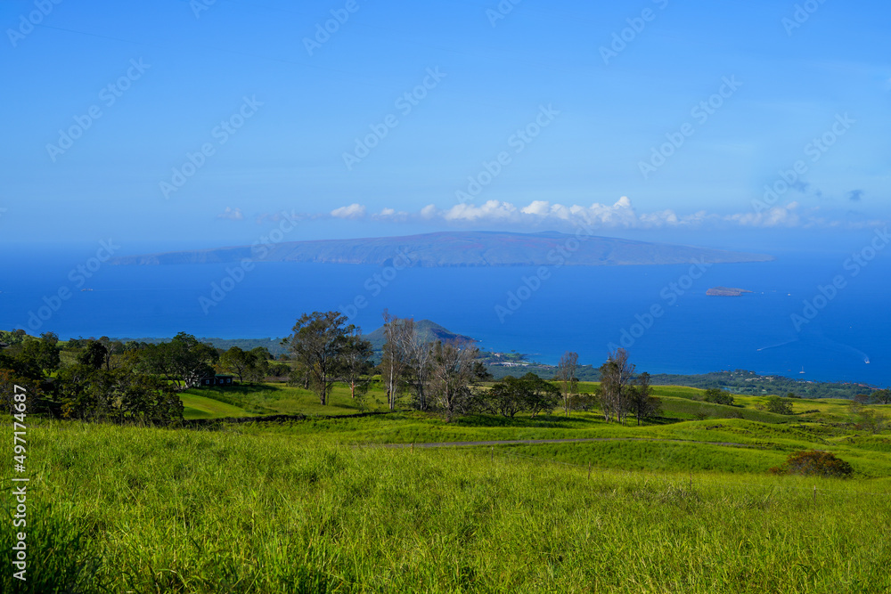 View on the Kaho'olawe Island and Molokini Crater from the Piilani Highway above Wailea in the center of Maui island, Hawaii