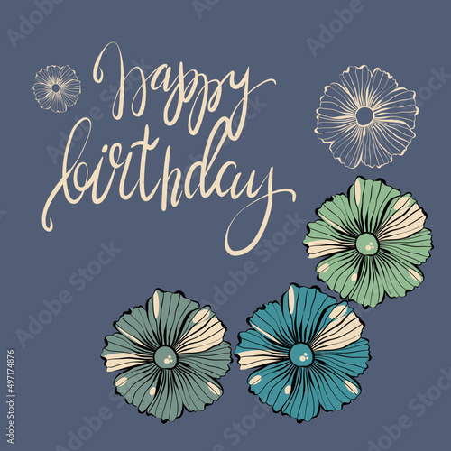 Happy birthday card with flowers in doodle technique on a blue background 