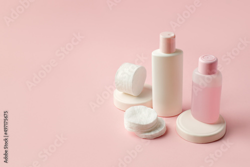 Cosmetics SPA branding mock up top view on pink background, banner for your brending, cosmetology, skincare, medicine concept