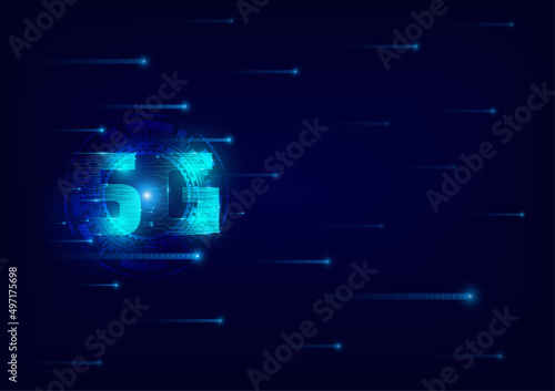 5G symbol with blue abstract futuristic background. 5th generation of wireless internet connection. Digital Global network high-speed technology concept.