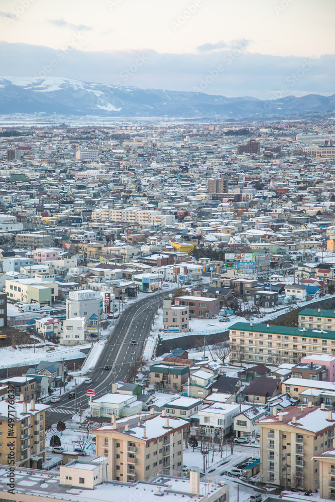 Japan - 13 jan 2019: Winter of Hakodate. Cityscape of the major city of Hokkaido, Japan