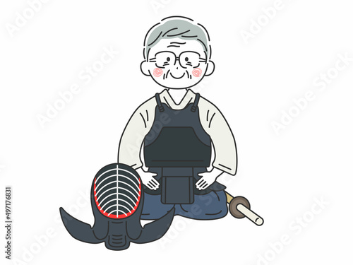 剣道の道着を着て、正座する年配男性のイラスト