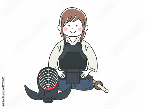 剣道の道着を着て、正座する女性のイラスト