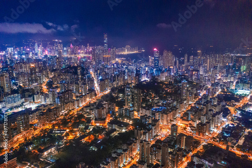 Aerial view of street at night, Hong Kong
