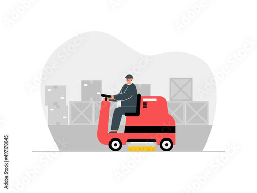 The cleaning service cleans the factory floor with a ride on floor scrubbers. Ai vector illustration