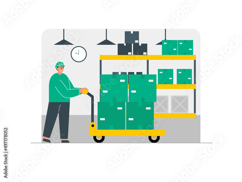 Workers carry a trolley containing goods from the factory warehouse. Ai vector illustration
