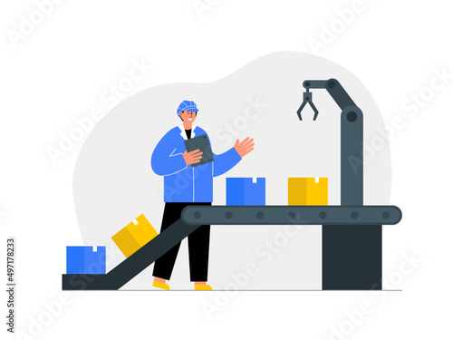 Delivery automation control of machine. Engineer working to check the smart industry manufacturing. Ai vector illustration