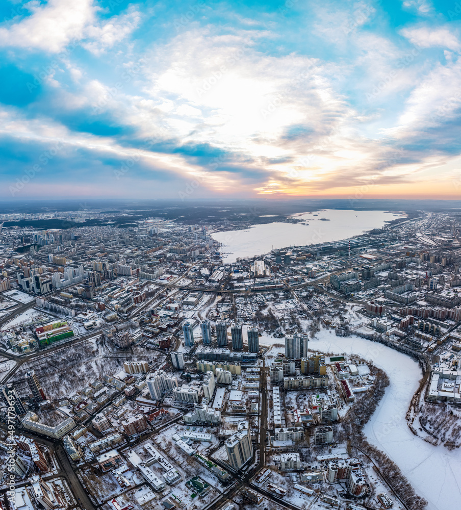 Fototapeta premium Yekaterinburg aerial panoramic view at Winter in cloudy day. Ekaterinburg is the fourth largest city in Russia located in the Eurasian continent on the border of Europe and Asia.
