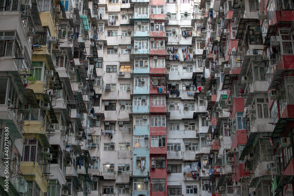 Hong Kong - 10 may 2019: Yik Cheong Building. Known as The Monster Mansion. famous for incredibly dense and stacked residential complexes Hong Kong - 10 may 2019: Yik Cheong Building. Known as The Monster Mansion. famous for incredibly dense and stacked residential complexes